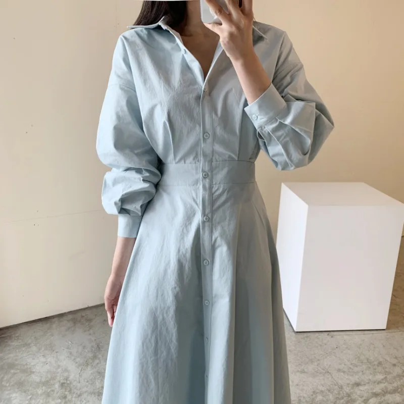 여성용 화이트 엘레강트 맥시 셔츠 드레스 싱글 브레스트 롱 랜턴 슬리브 하이 웨이스트 드레스 한국 시크 오피스 레이디 출퇴근 프렌치 스타일