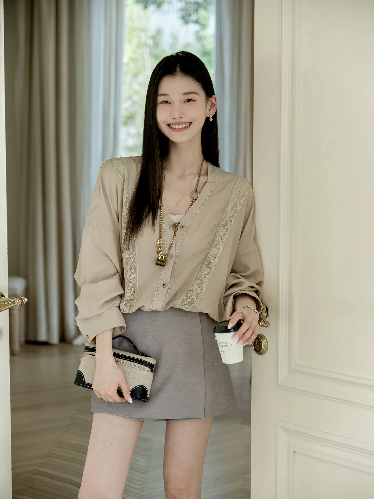 

ChillCozy Spring Wave Heavy Work Mixed Fiber Loose Lace Trim irt Linen Rayon V Ne Long Sve Women's Premium Sle irt