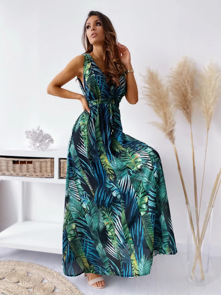 Vintage Floral Print Long Dress Women Sexy Deep V Neck Lace-Up Backless Boho Party Dresses Elegant Sleeveless Beach Maxi Dress