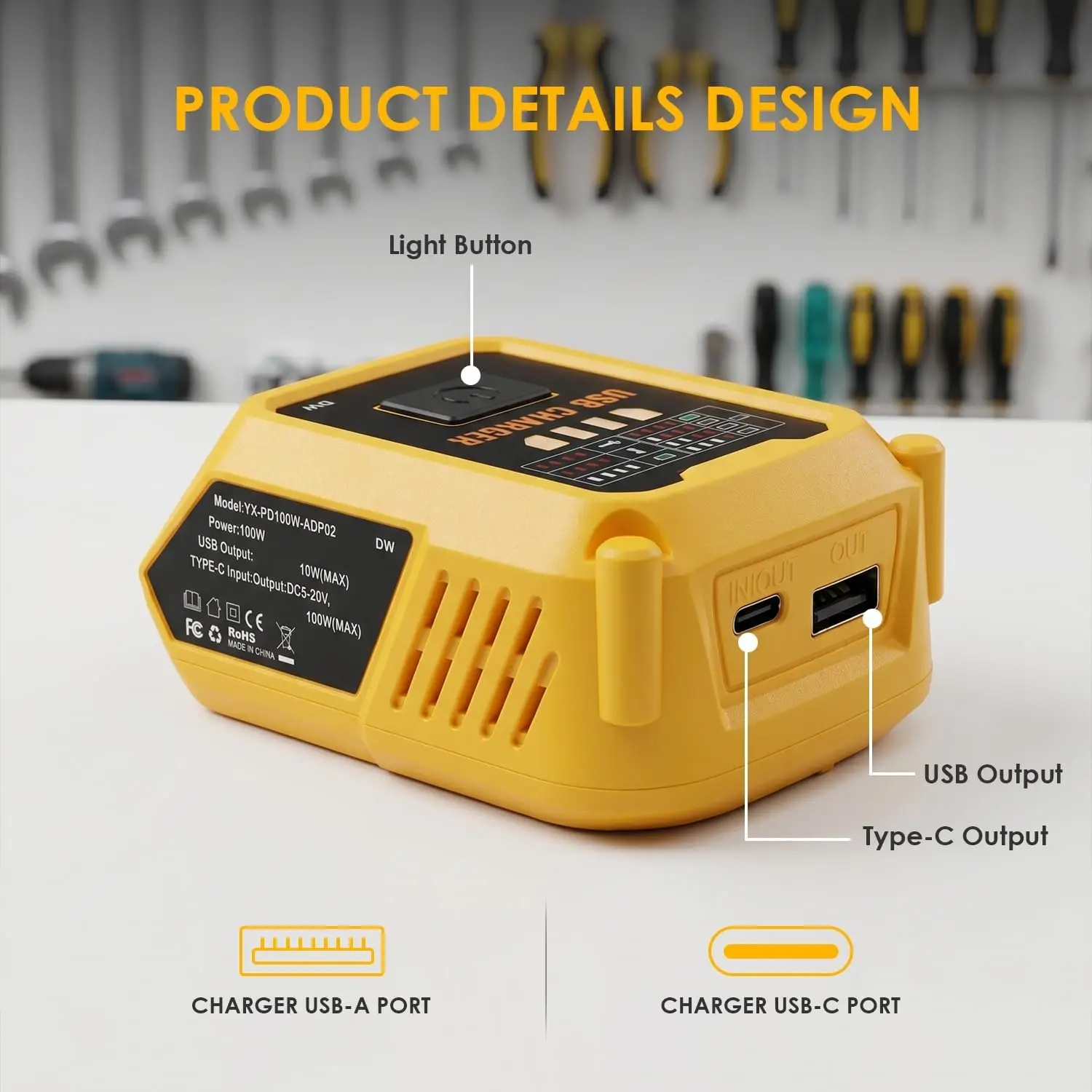 2-in-1 USB-C 100W Battery Charger for Dewalt 20V MAX DCB206 DCB204 DCB203 , Fast Charging Adapter for Phone Laptop, Tool Only