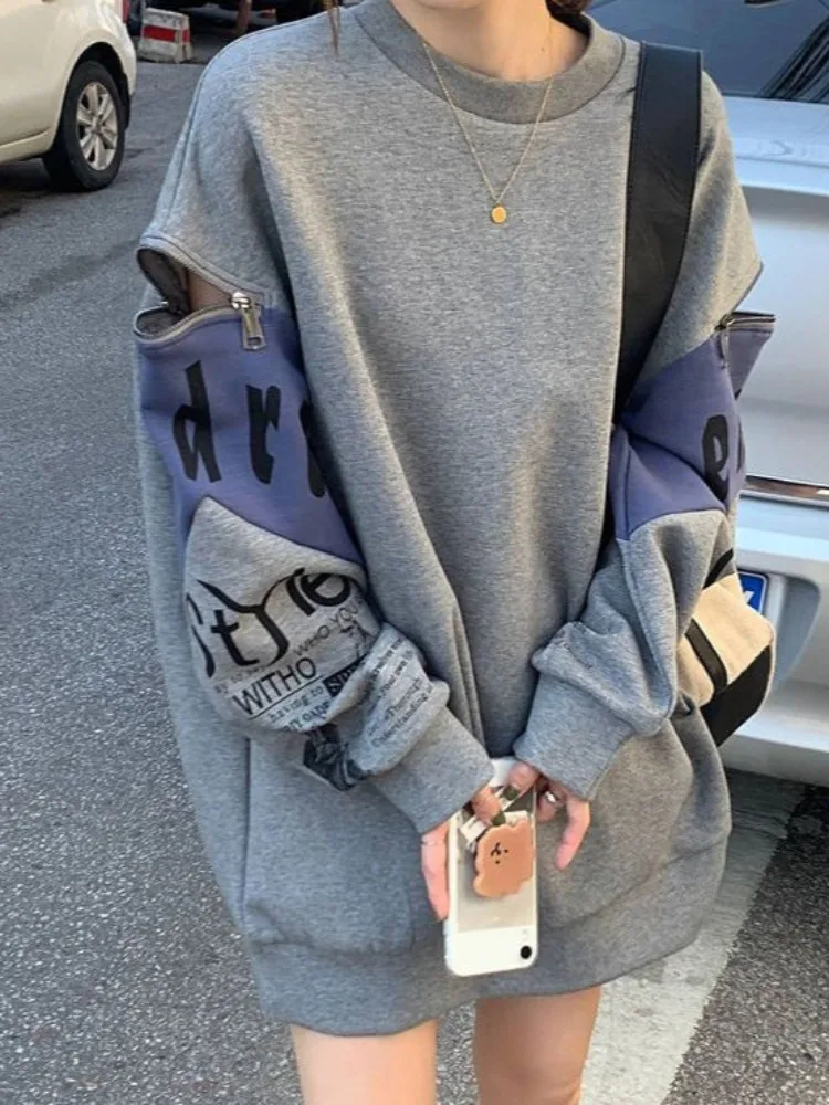 

Hikigawa Chic Fashion Women Streetwear Vintage Harajuku All Match Zipper Hollow Sweatshirts Loose Print Pullovers Tops Mujer