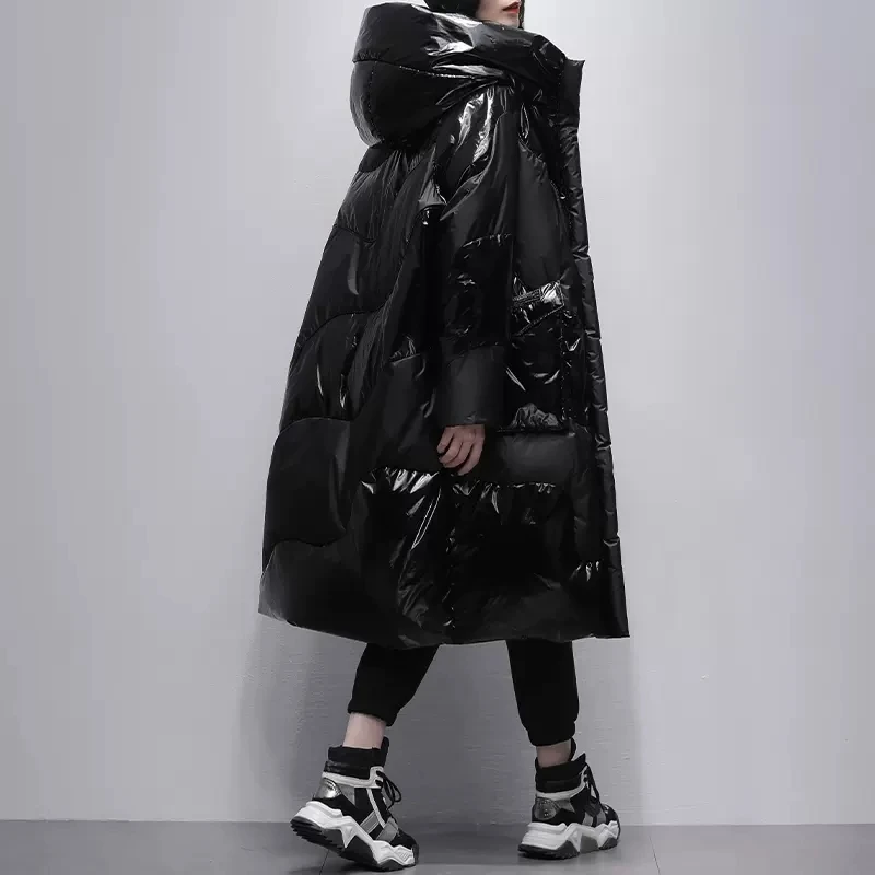 Doudoune Longue Noire Brillante pour Femme, Parka à Capuche, Décontractée, Épaisse, Chaude, Pardessus Féminin, Nouvelle Collection Hiver 2025