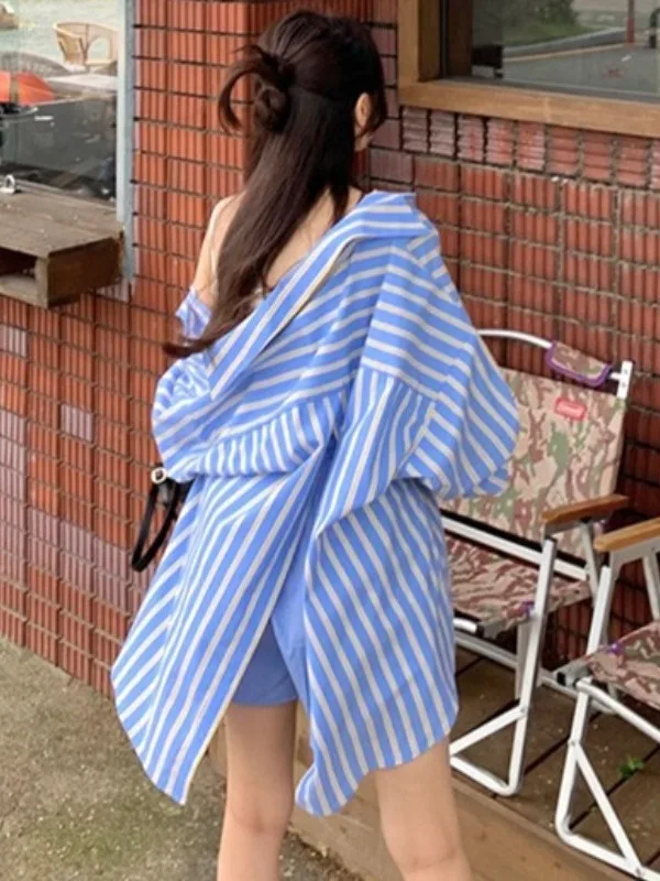 

Casual Striped Women's irt Ba Slit Design Spring New Sle Chic Versatile Loose Fit Long Sve Office Wear Street Sle