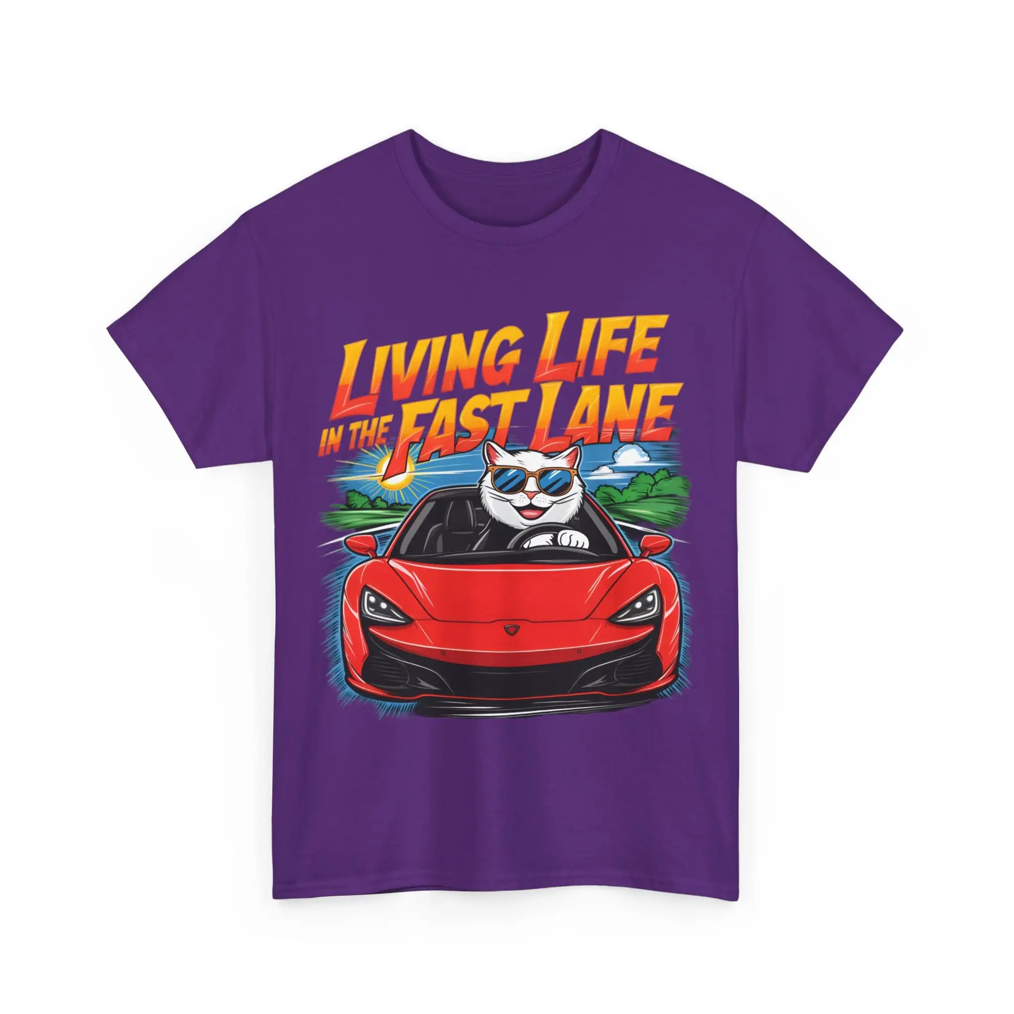 Cool Cat Driving Sports Car T Shirt Fun Heavy Cotton Casual Streetwear Living Life Fast Lane Cheerful For Him Her