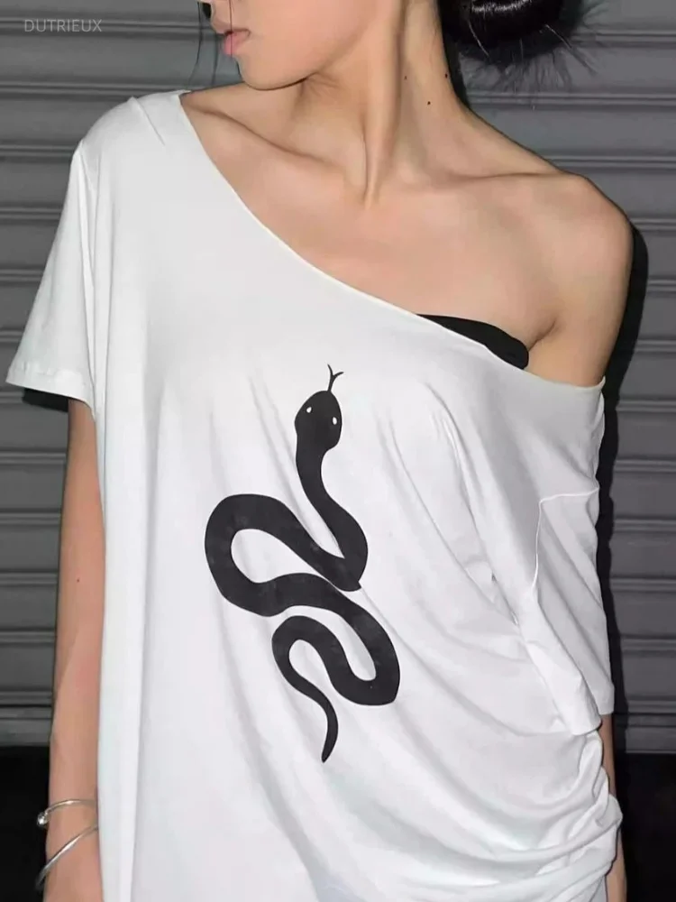 Streetwear Snake Printing Vintage T-shirt Y2k Aesthetic Sexy Slash Neck Casual Tops Harajuku Women Grunge ​Loose Summer Tshirts
