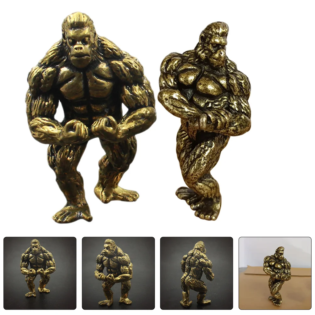 

2Pcs Copper Gorilla Figures Mini Animal Statues Vintage Decor for Home Office Desk Bookshelf Ornament Small Sculptures