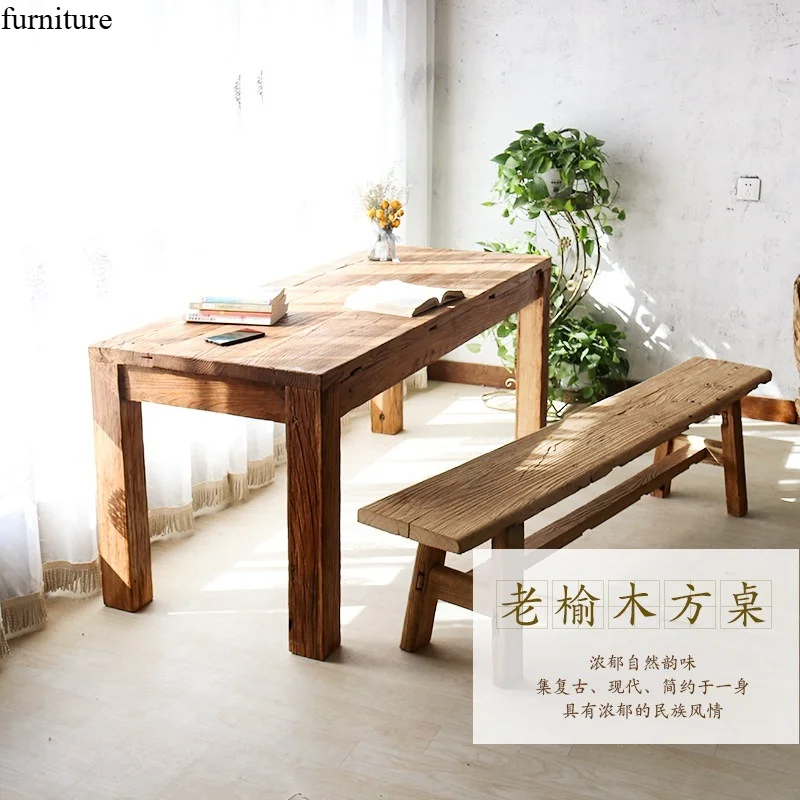 Old elm square table meal tea table desk weathered old wooden board household log all solid wood factory direct sales can be cus