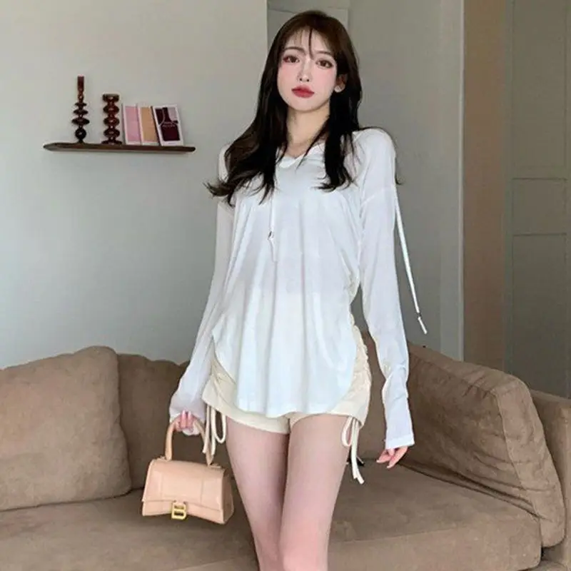 Pure Wind Hood Top Woman Summer Skinny Spice T-shirt Long Sleeve Sun Protection Shirt Thin Split Fashionable Casual
