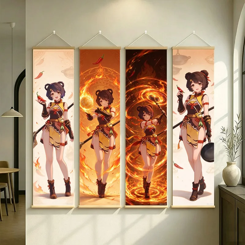 Hanging Scroll Wall Art of Genshin Impact Xiangling with Orange Flames on Silver Shimmer Canvas for an Anime Bedroom