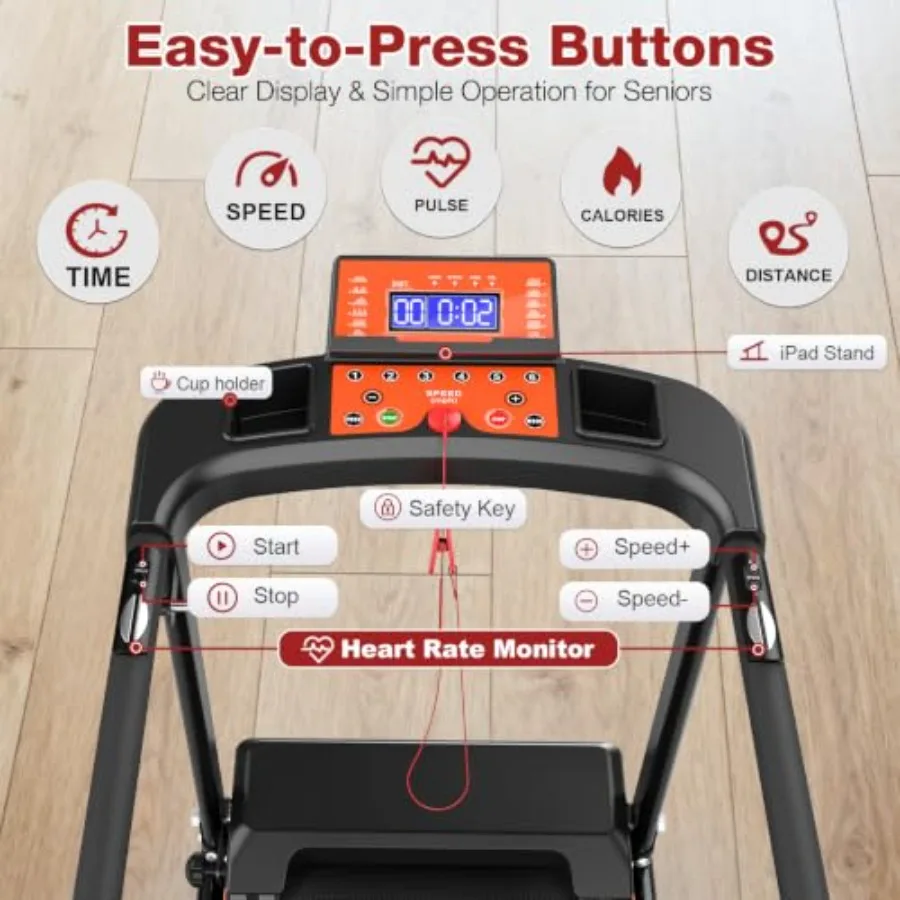 Treadmill for Seniors with Handlebar, Walking Treadmill with APP Control Foldable Steel Frame, Black Low-Noise, 3.5HP Motor, Sa