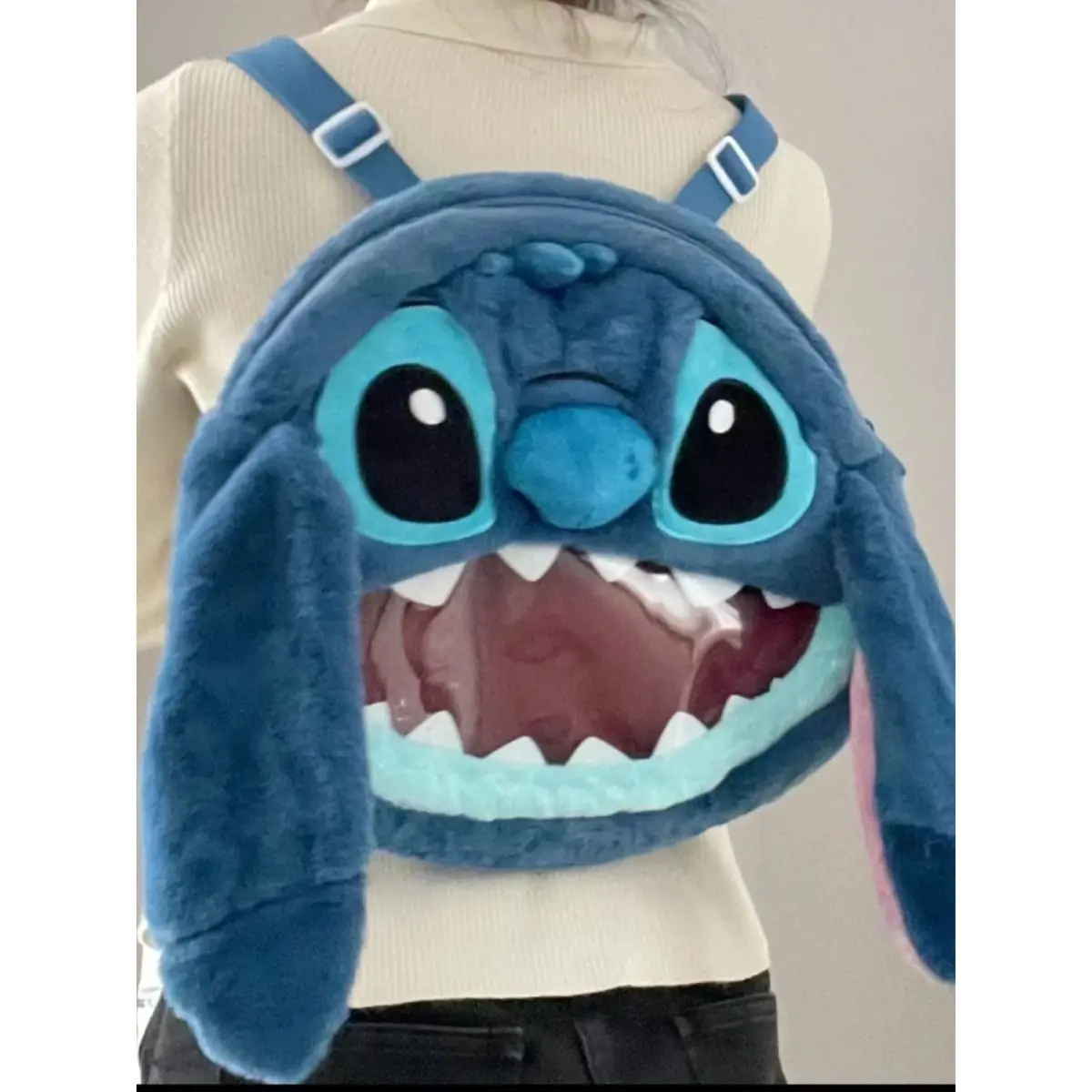 ステッチぬいぐるみリュックサック、バッジやピン用の大きな透明窓付き、日本のJKスタイル、女子学生・大学生向けデイパック