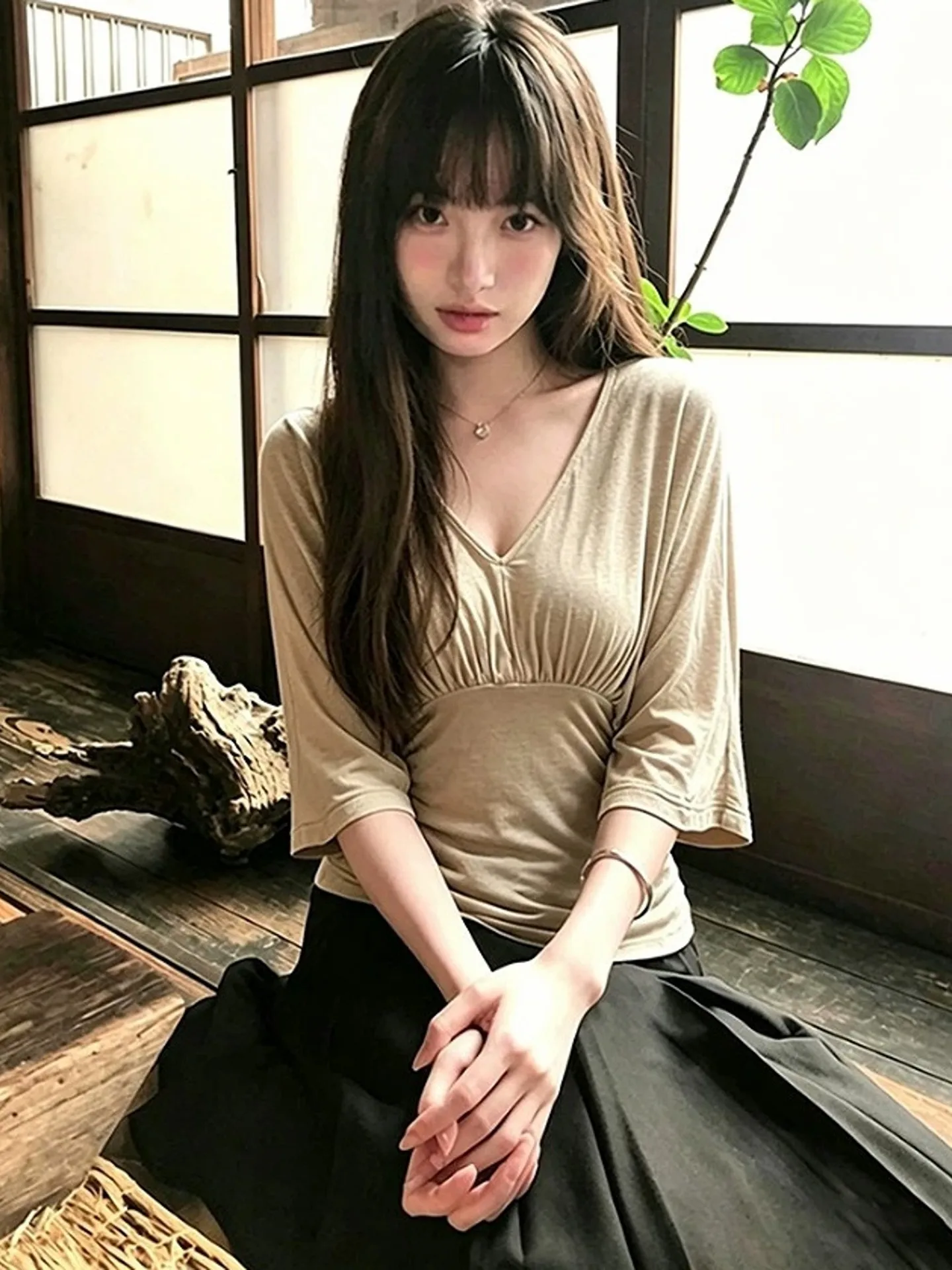 Korean Style V-Neck Batwing Sleeve T-Shirt Women's Summer Slimming Design Folded Waist Short Sleeve Top Fashionable Casual Wear