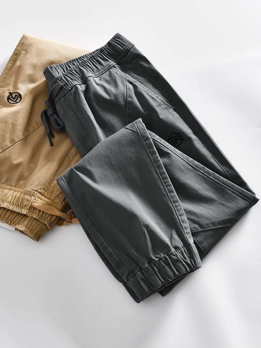 

Casual Pants! Washed Elastic Sand Cotton! Men's Summer Color Elastic Waist Cuffed Leisure Trousers