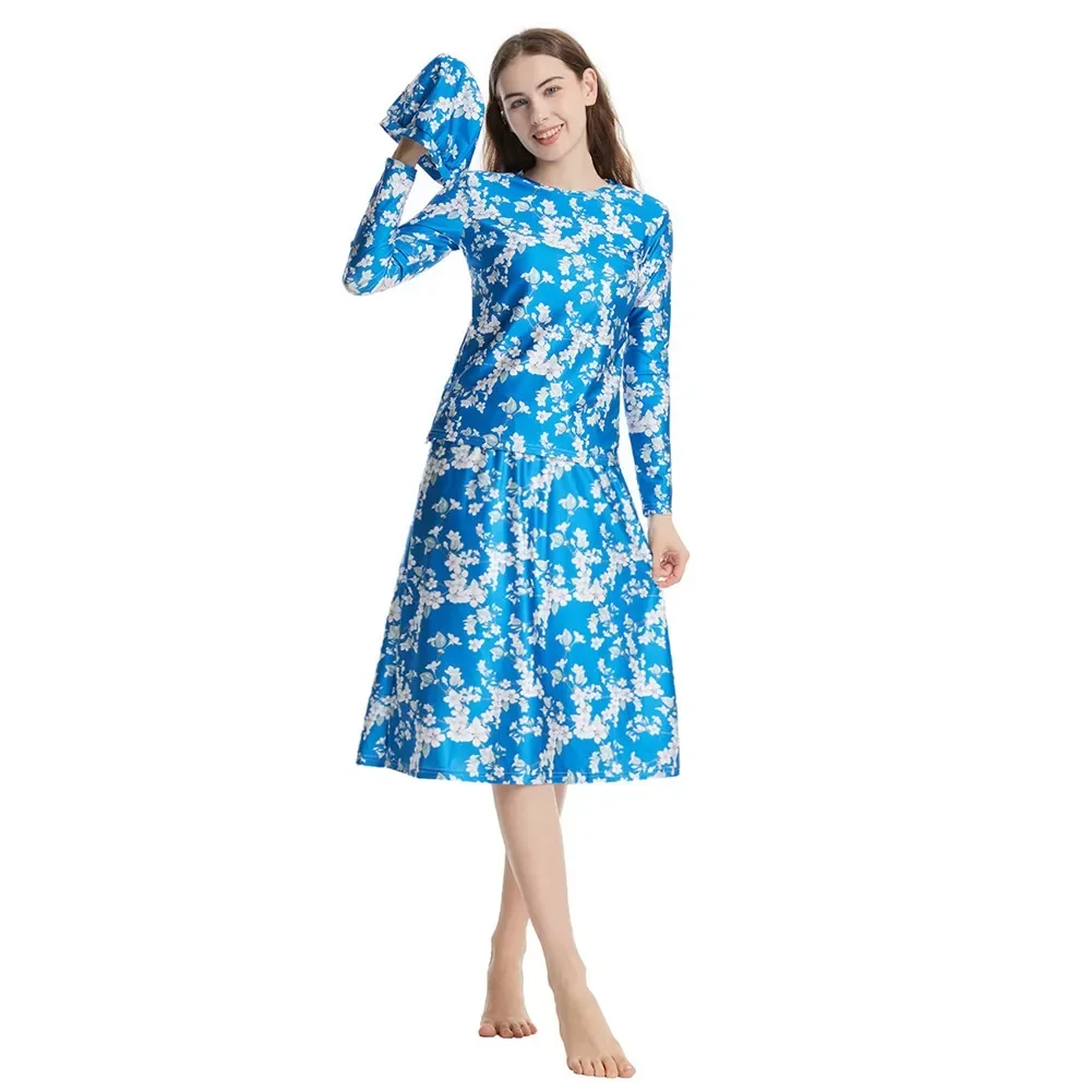 3 Pieces Modest Muslim Printed Swimwear Burkini Islamic Swimsuit Bikini Full Cover Beachwear Arabic Swimwear Top Skirt Caps Sets