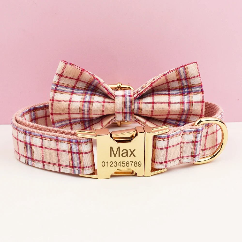 Rosa kariertes Hundehalsband und Leinen-Set für Hunde, individuell graviertes Namensschild, Haustierbedarf, Hundeleine, personalisiertes Hundegeschirr – Detail 4