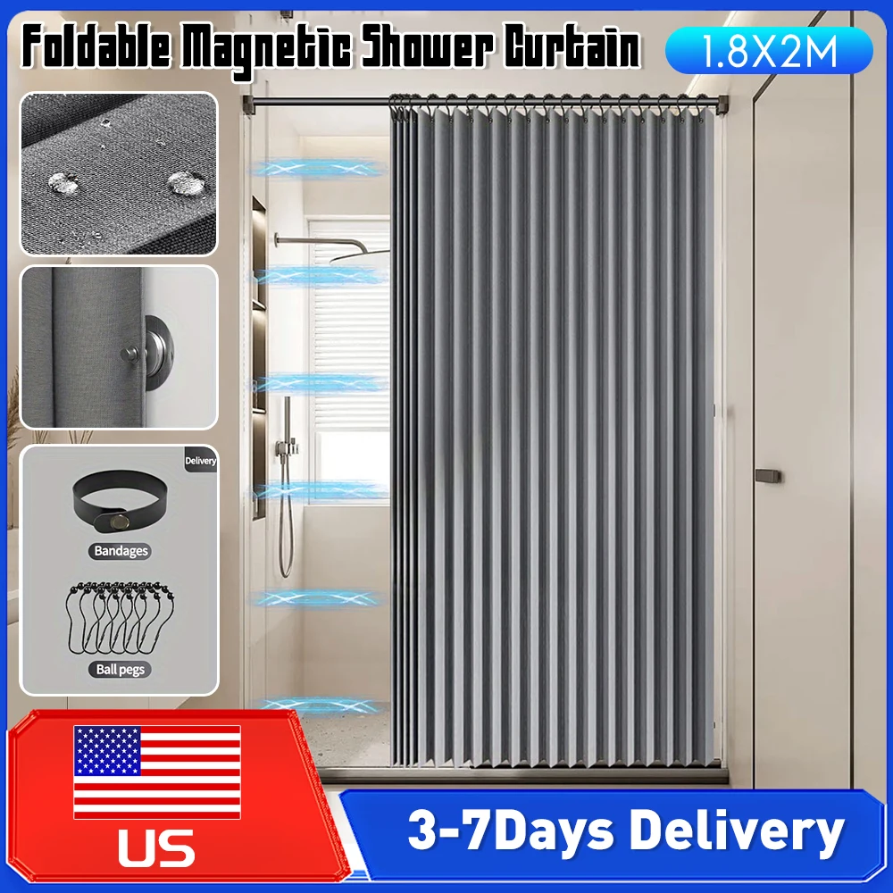 

Foldable Magnetic Bath Curtain Shower Curtain with 14Hook Modern Bathroom Curtain Privacy Divider Bathtub Partition for Bathroom