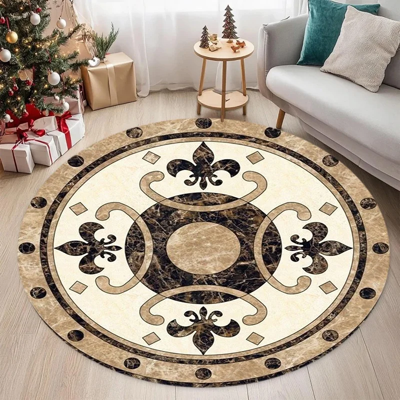 Vintage Marble Fleur-de-lis Round Area Rug, Retro Ornamental Circular Floor Mat, Bedroom Home Decoration