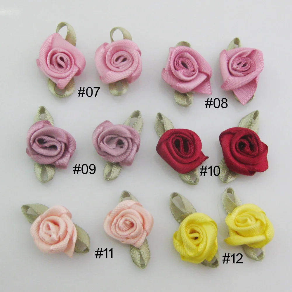 30 Colors For Choice 50Pcs Fashion Ribbon Rose Rosettes with Leaf Fabric Flowers Accessories DIY Crafts Sewing Supplies