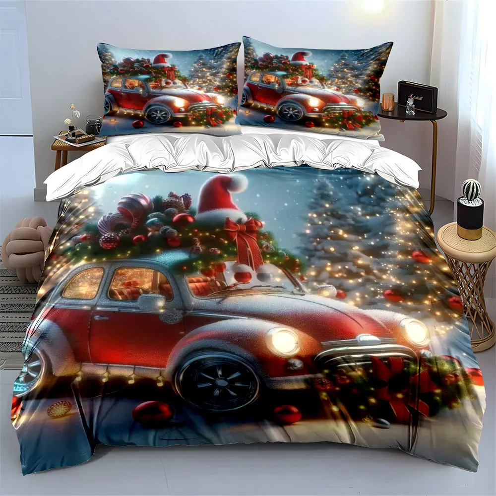 Festive red vintage car adorned for Christmas snowy scene Print Duvet Cover Bedding Set Included 1*Duvet Cover 2*Pillowcases