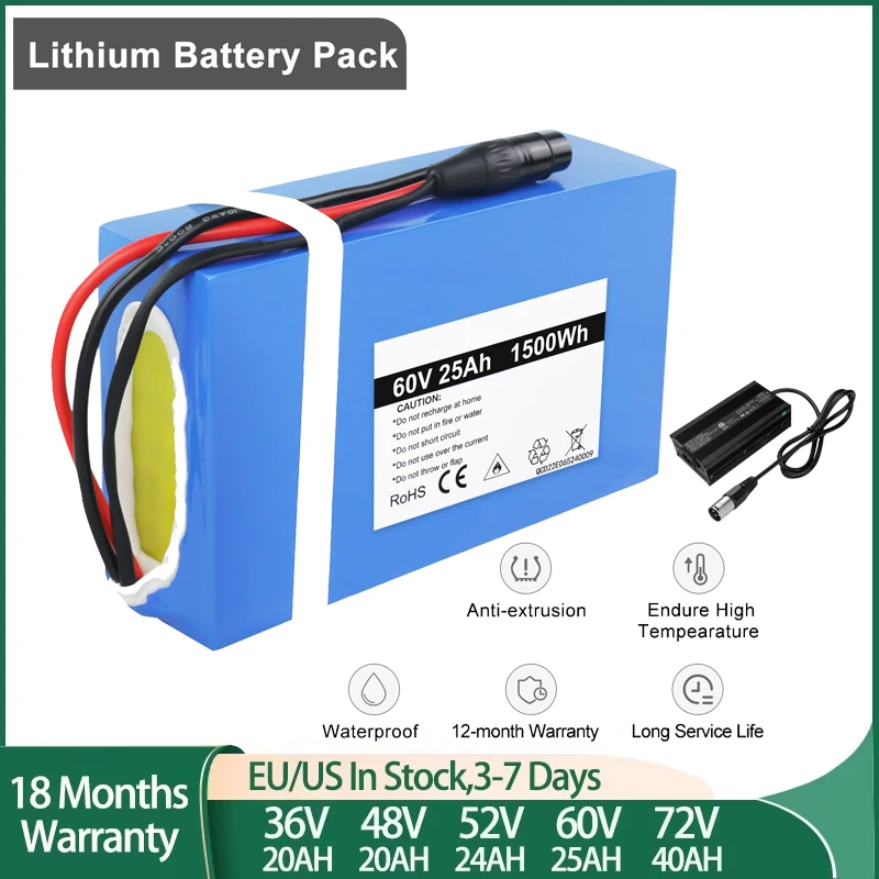 

48V 20AH EScooter Ebike Battery Pack 36V 60V 20AH 25AH 48V 24AH Lithium Batteries For 250W-3000W E-Trikes Electric Scooter
