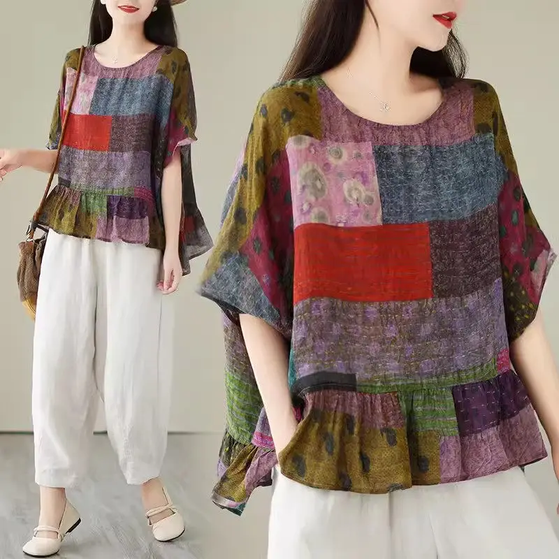 

Spring/Summer Women's Clothing 2024 New Design Bat Sleeve Loose Patchwork Short Sleeve T-Shirt Oversized Top K661