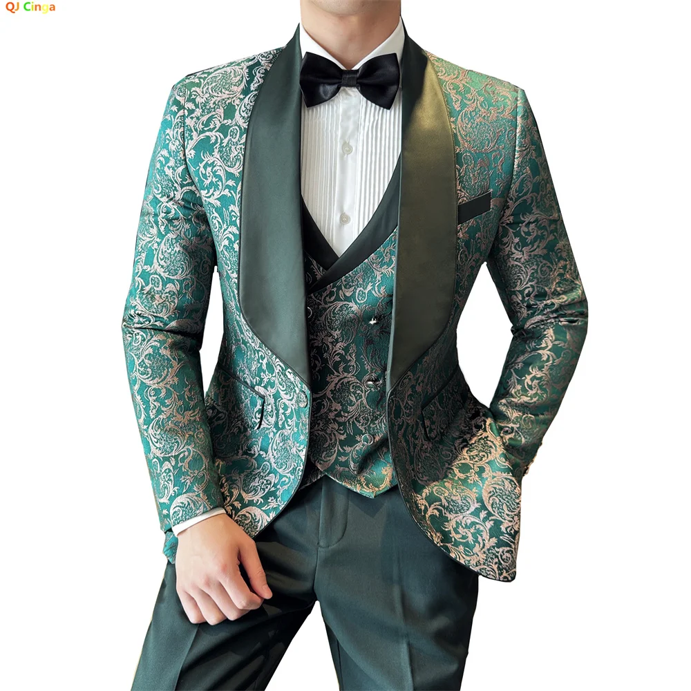 Green Jacquard Men's Suit 3 Piece, Wedding Party Dress Jacket with Vest & Trousers, Fashion Slim Men Sets,Red,Beige,Black,Blue