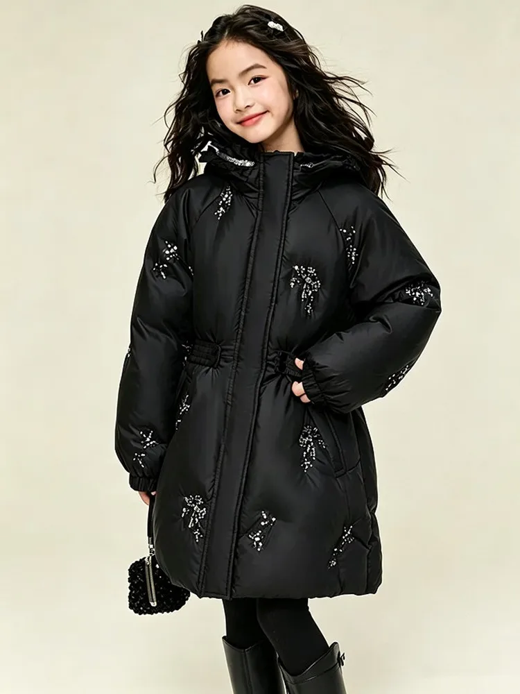 Mädchen Weiße Daunenjacke mit Pailletten und Stickerei, Kapuze, Tailliert, Mittellanger Mantel, Kinder Winter Winddichte Warme Oberbekleidung A5103 – Detail 9