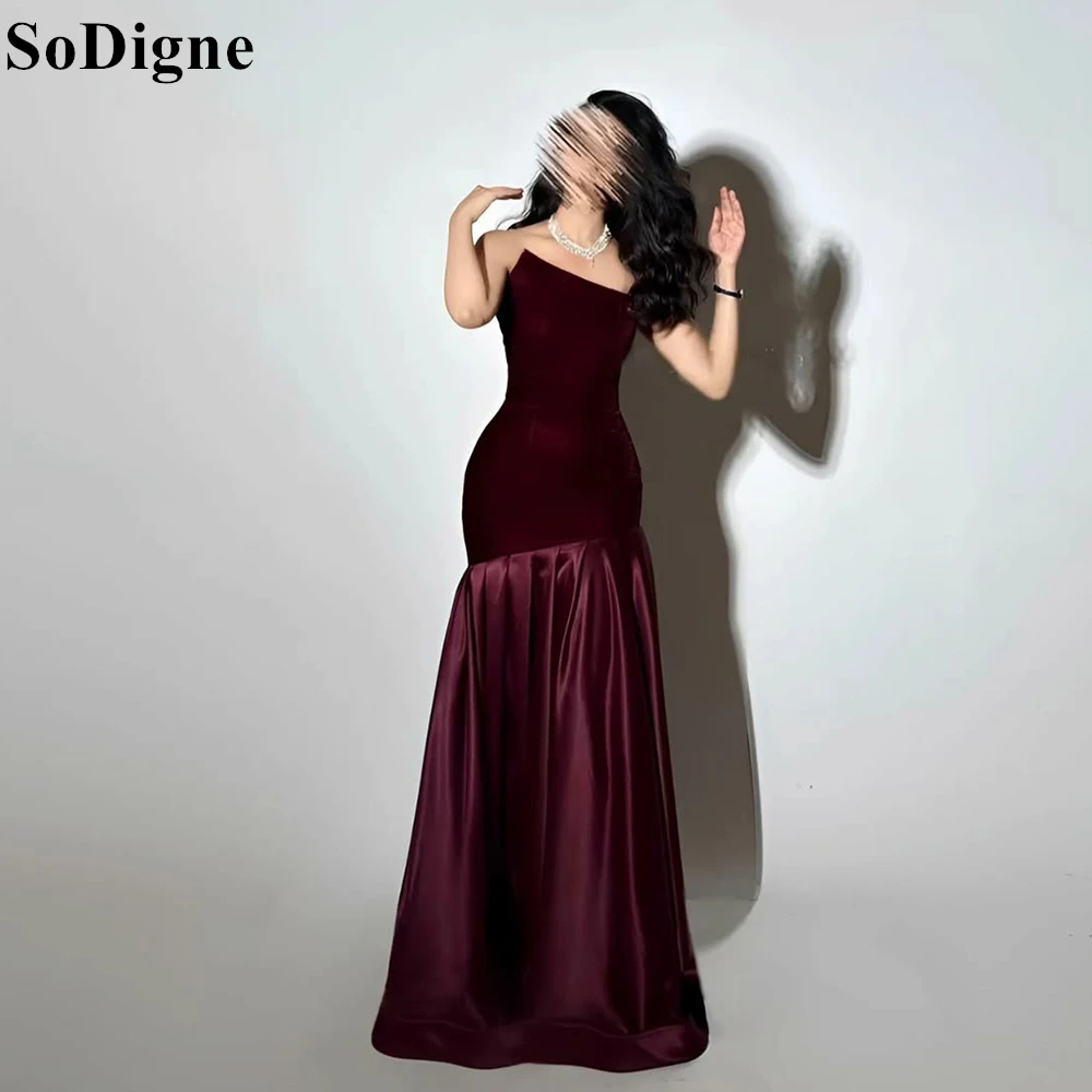 

SoDigne Elegant Burgundy Velvet Evening Dresses Strapless A-Line Sleeveless Pleated Party Dress Backless Prom Gowns Customized