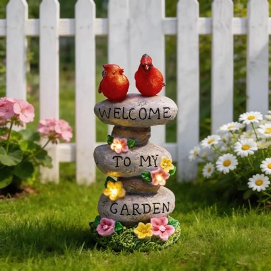 

Garden Statues with Outdoor Solar Lights for Garden Decor Cardinal Birds Welcome Yard Sign Rocks and Flower Resin Valentines De