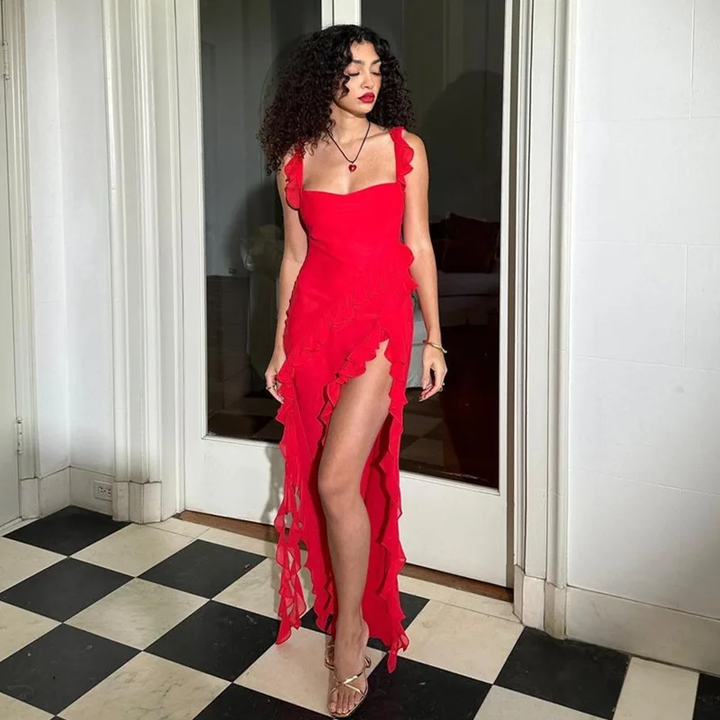 

Meqeiss 2023 New Elegant Ruffle Slit Maxi Dress Summer Outfits for Women Gown Club Party Vestido Sexy Sleeveless Tierred Dresses