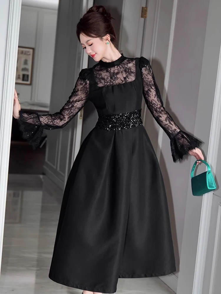 ผู้หญิง Retro ชุดราตรีหรูหราภาษาฝรั่งเศสคําพรหม SHEER Lace Splice เอวสูงขนาดใหญ่ Swing Robe หญิงสีดําเลื่อมปาร์ตี้ ...