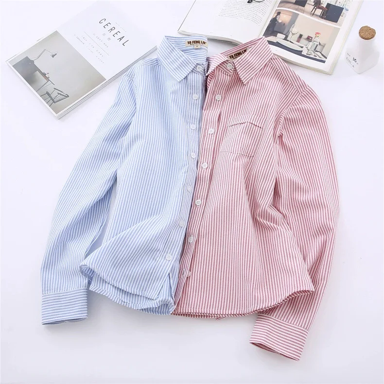 Blue Red White Striped Casual Shirt For Women 2024 New Fine Cotton Ladies Long Sleeve Blouses&Tops Simple Fresh Lady Clothes