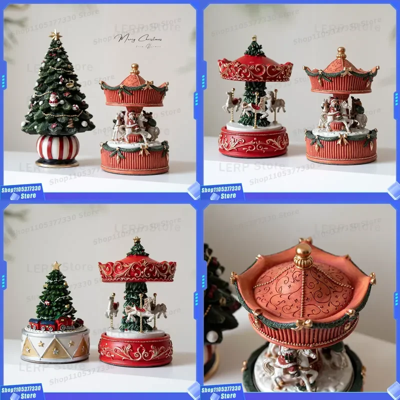 Cute Resin Santa Claus Train Music Box Christmas Tree Carousel Ornament Holiday Gift for Girls Kids Home Decoration European