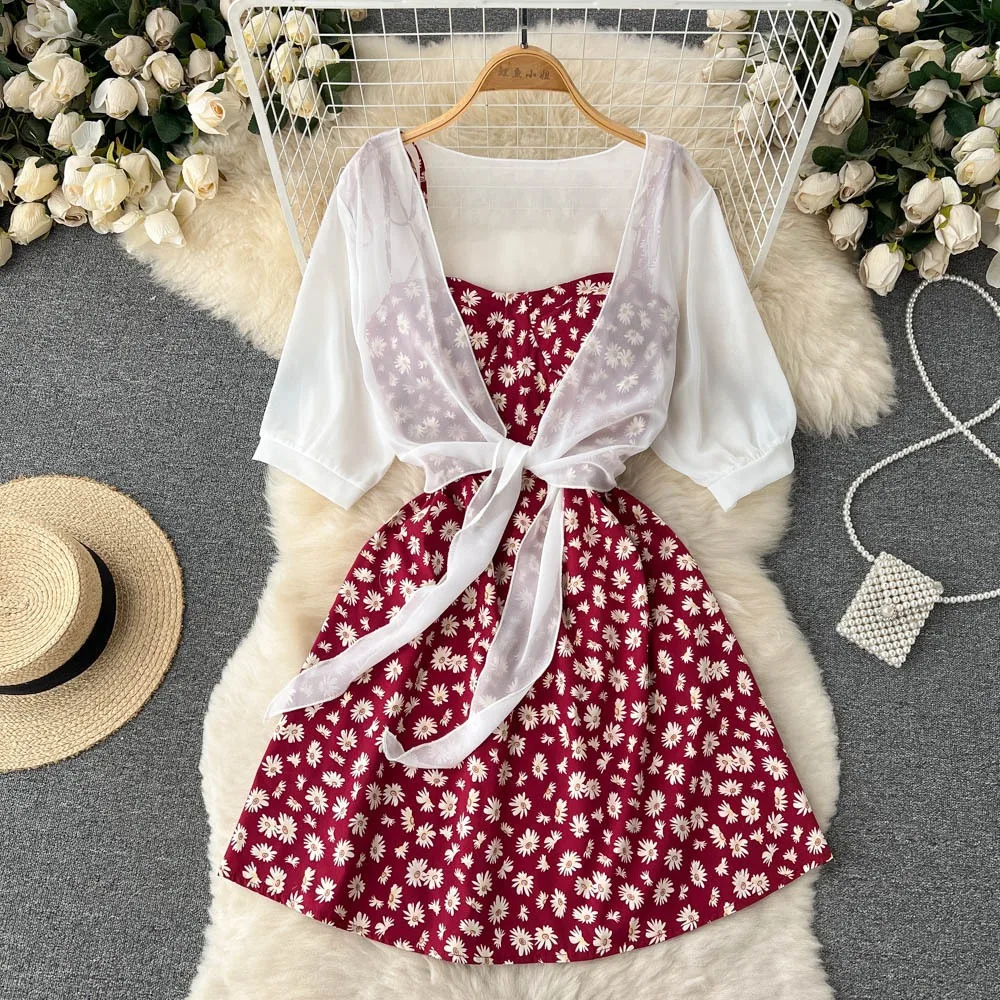 YuooMuoo Floral Print Two Piece Dress Women 2024 Summer Slim Fitness Straps Mini Dress + Shawl Vacation Fashion Beach Outfits