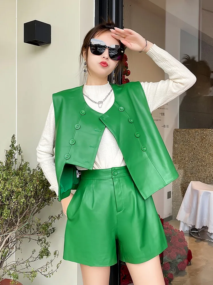 Primavera nueva mujer doble botonadura chaleco Top pantalones cortos conjunto de dos piezas Casual suave piel de oveja cuero genuino conjuntos a juego ropa de calle