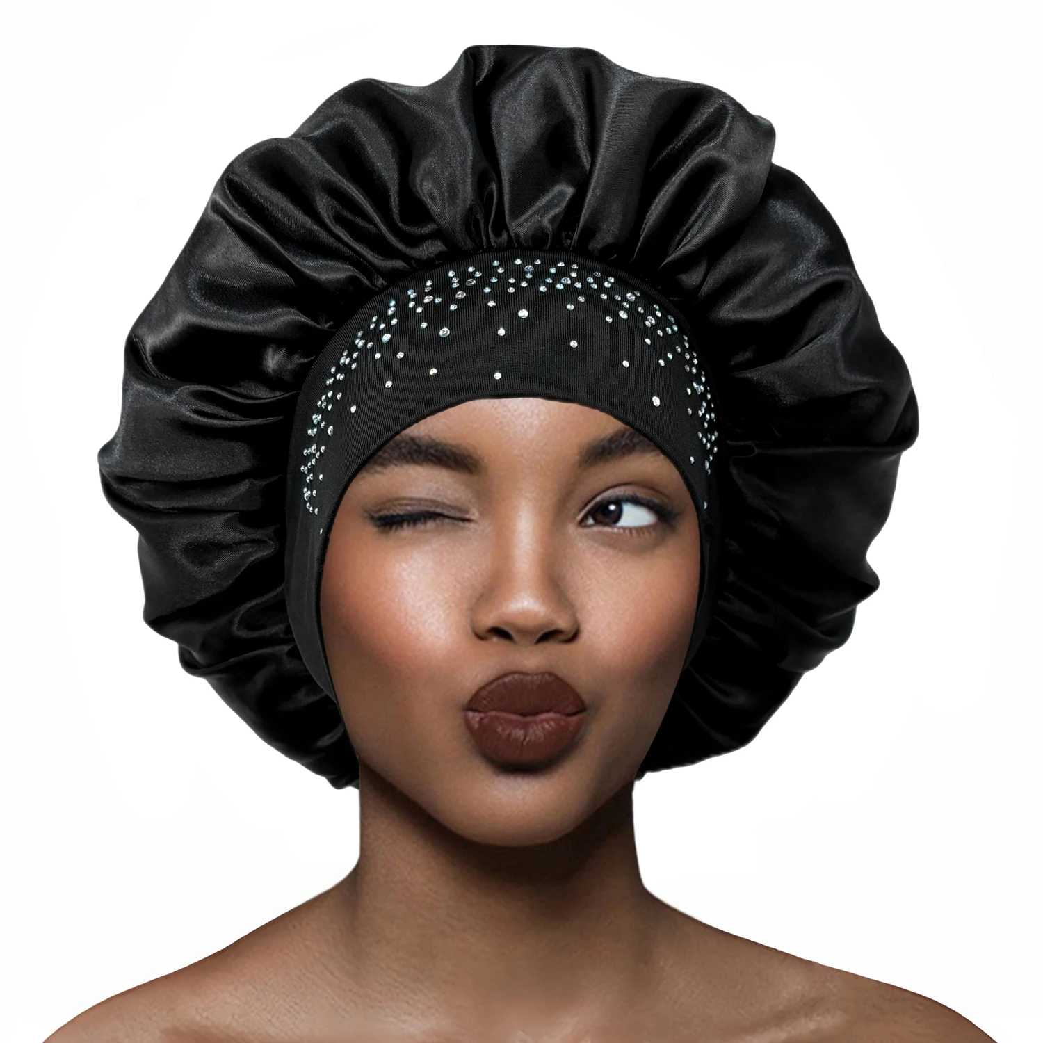 Newly Women Satin Night Sleep Cap Luxury Rhinestone Hair Bonnet Hat Shower Cap Bathroom Hair Accessories Turban Headwrap