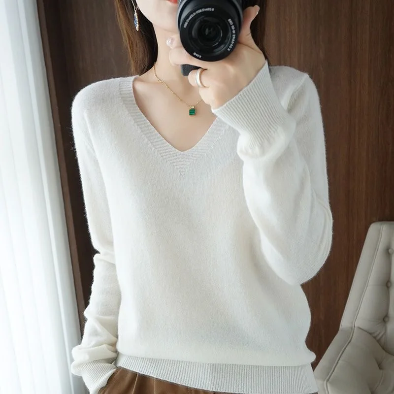 Women Y2K Sweater 2024 Spring Autumn Woolen Pullovers V-neck Slim Fit Bottoming Shirt Solid Soft Knitwear Jumpers Basic Sweaters