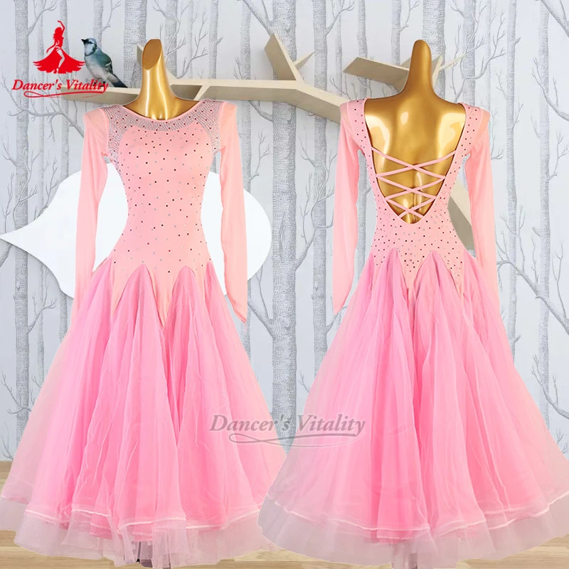 Waltz Foxtrot Roze Lange Mouwen AB Stenen Moderne Jurk Danser Vitaliteit Volwassen Vrouwen Sociale Dans Kunst Onderzoek Kleding Custom
