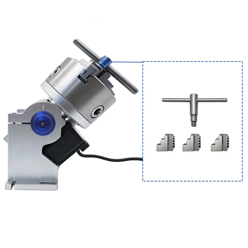 D80C Hollow Rotary Axis Electric Rotary Table Kit with 3-Jaw Chuck, Controller & Foot Switch for Marking & Welding Machines