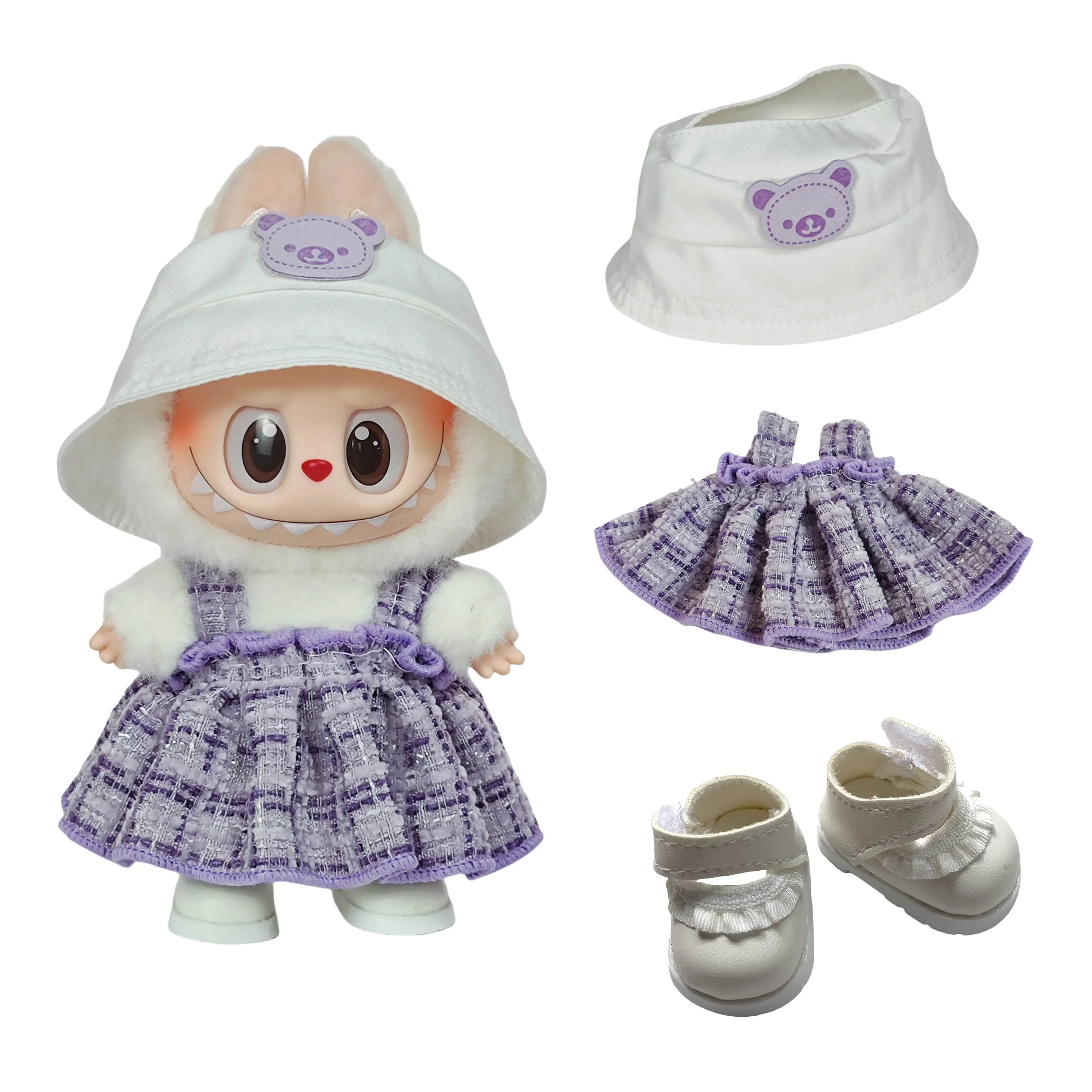 Kleding voor Labubu 1e/2e/3e generatie hangende outfits - paarse geruite overall voor zittende poppen