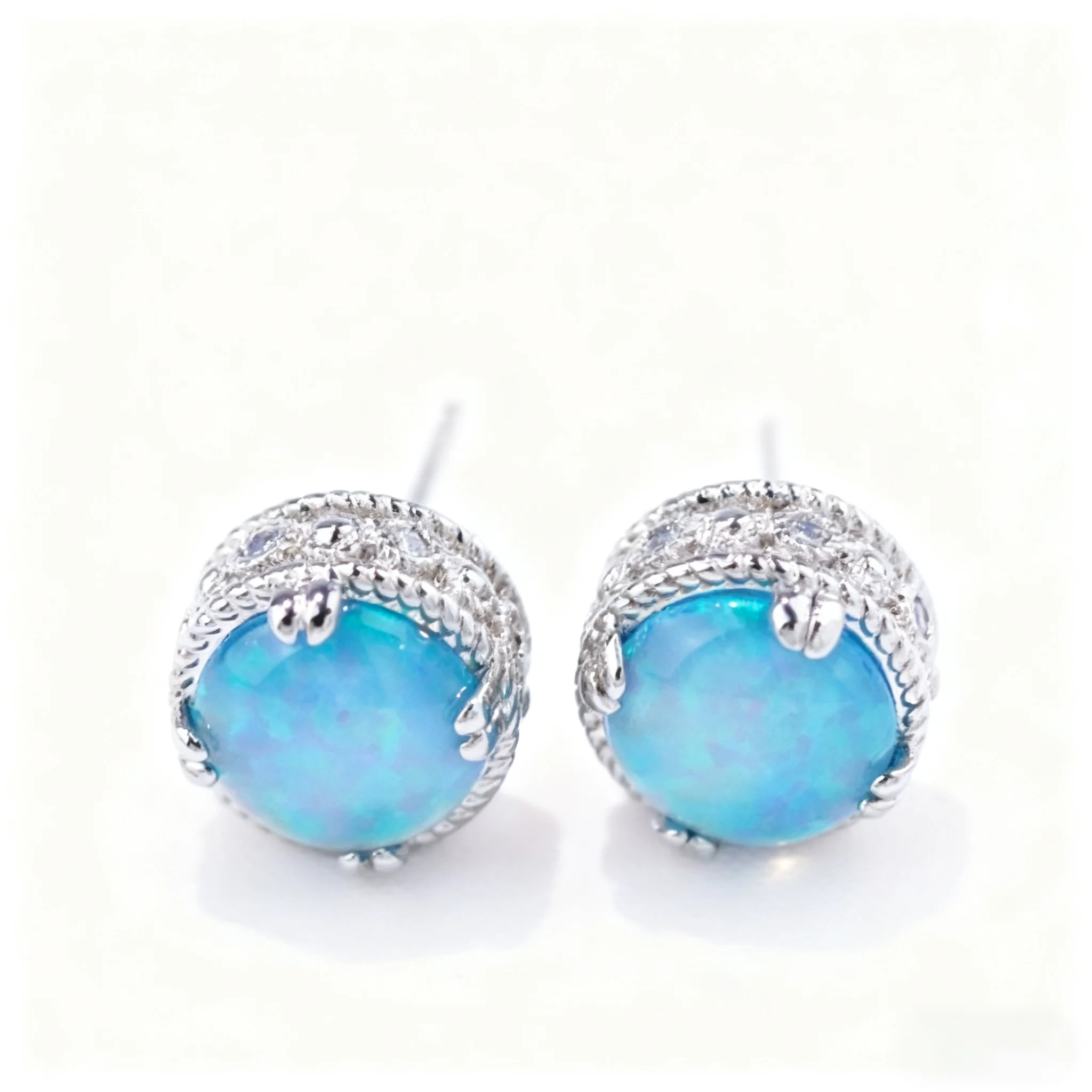Blue Violet Opal Stud Earrings with Intricate Silver-Tone Floral Border, Elegant Vintage Style Boho Jewelry Gift for Women Girls