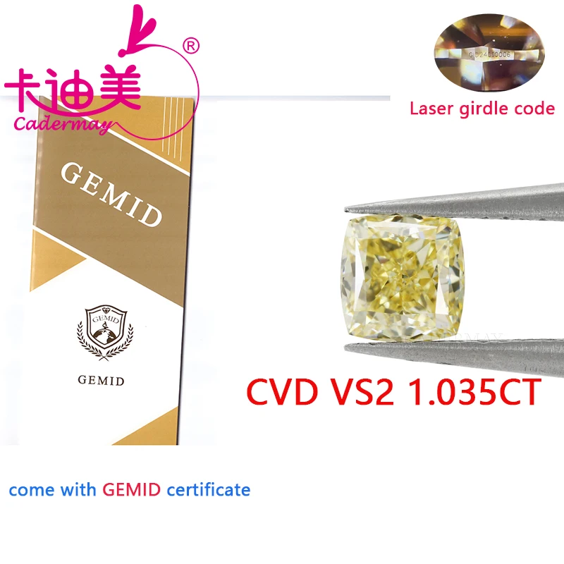 Cushion Shape Yellow Color VS2 Clarity CVD Lab Grown Diamond 1CT Loose Stone Certificate For Wedding Fine Jewelry Making