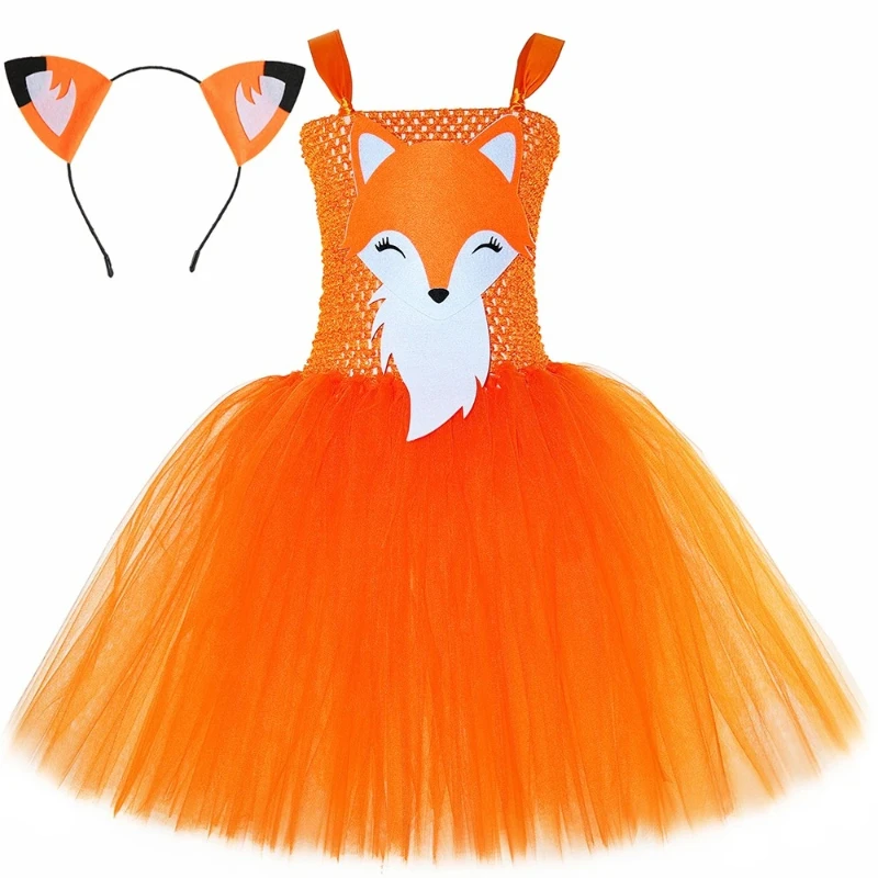 

Carnival Halloween Animal Costumes for Baby Girls Toddler Birthday Party Outfit with Ears Hairbow for Kids Orange Fox Tutu Dress