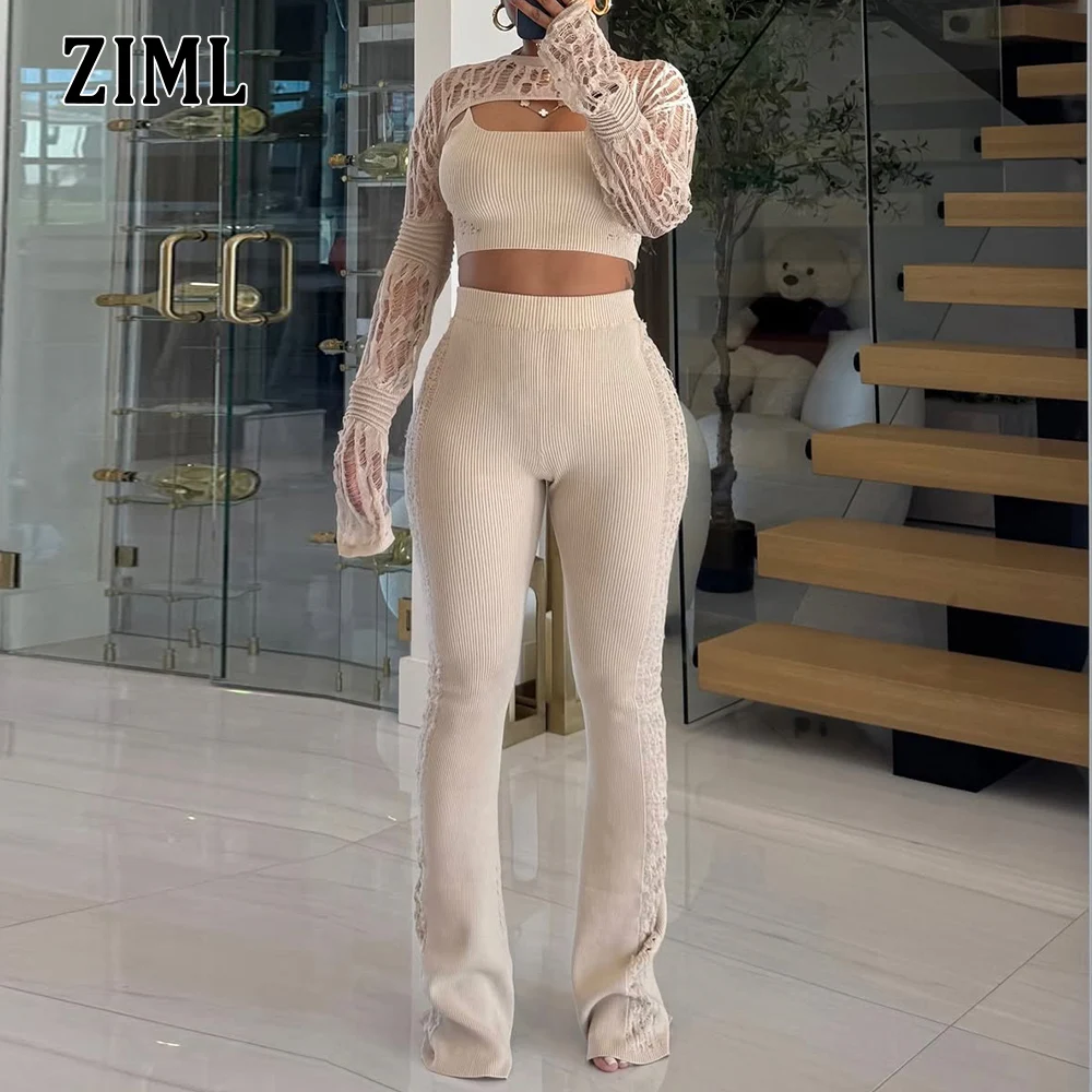 

ZIML Chic Three Piece Set for Women Round Neck Long Sleeve Hollow Out Coats Strapless Vest Slimming Pants Knit Set Female New