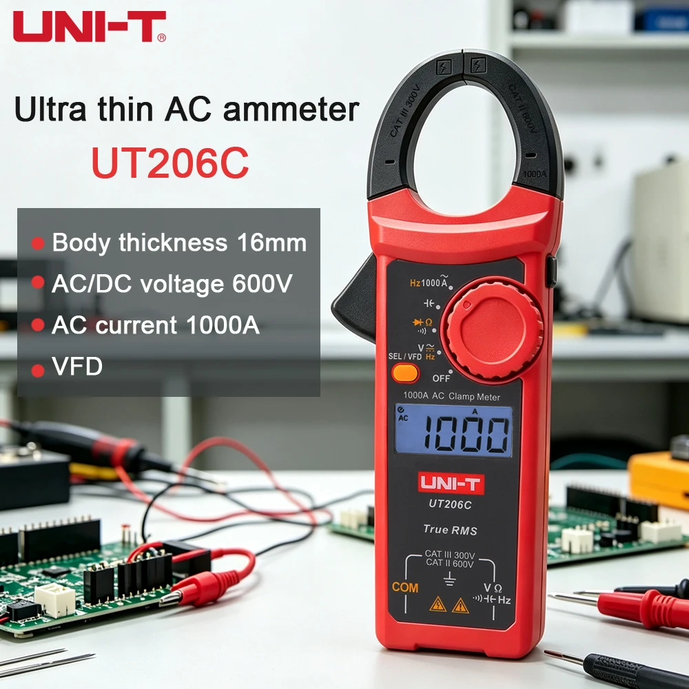 pince-amperemetrique-uni-t-ut206c-1000a-ac-true-rms-avec-vfd-integre-portee-16mm-tension-courant-frequence-ac-dc-600v-6000-comptes