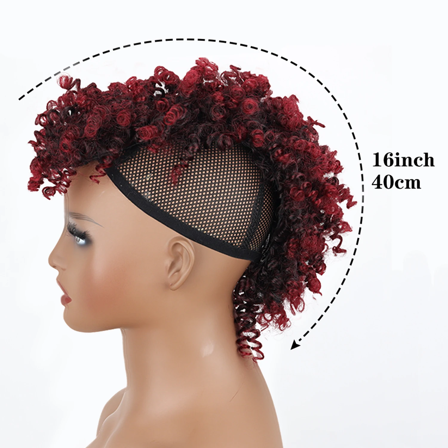 Synthetic High Fluffy Africano Cabelo Bun com Bangs, encaracolado e curto, encaracolado, Mulheres