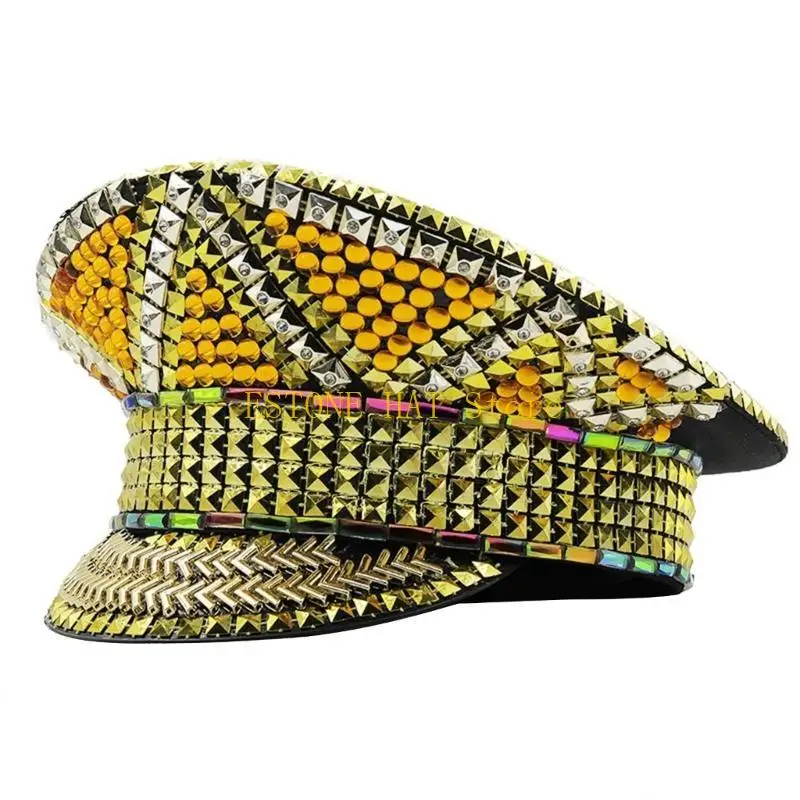 49MF Bridal Hat Sparkly Heavy Crystals Captain Hat for Women Dancer Comedian