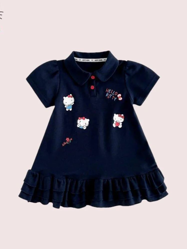 

Hello Kitty Cartoon Children Lapel Short Sleeved Dress Anime Sanrio Kawaii Summer New Princess Style Puffy Skirt Breathable Soft