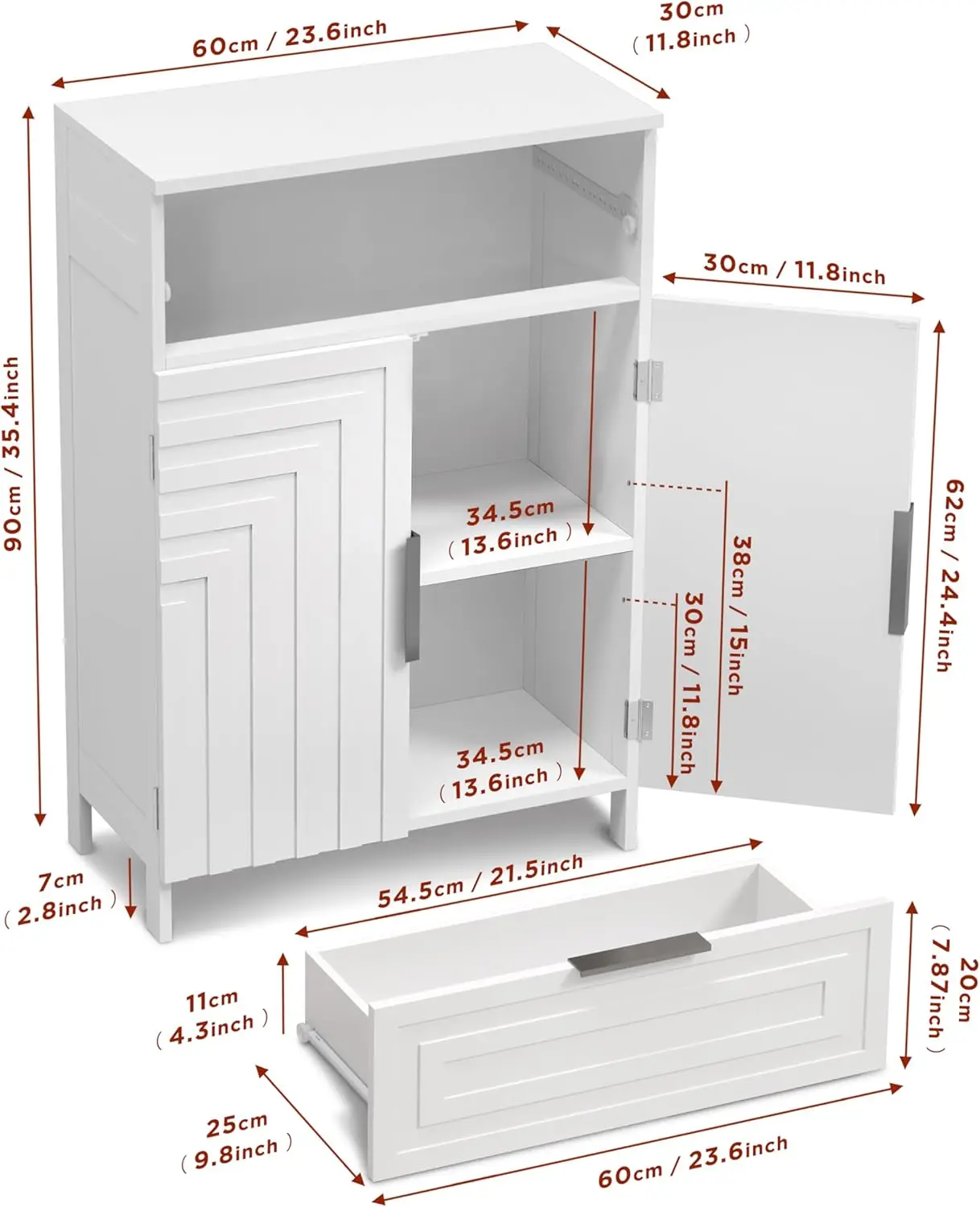 Storage Cabinet Bathroom Floor Cabinets with Drawer Freestanding Kitchen Cabinet Fluted Coffee Bar Cabinet for Living Room,