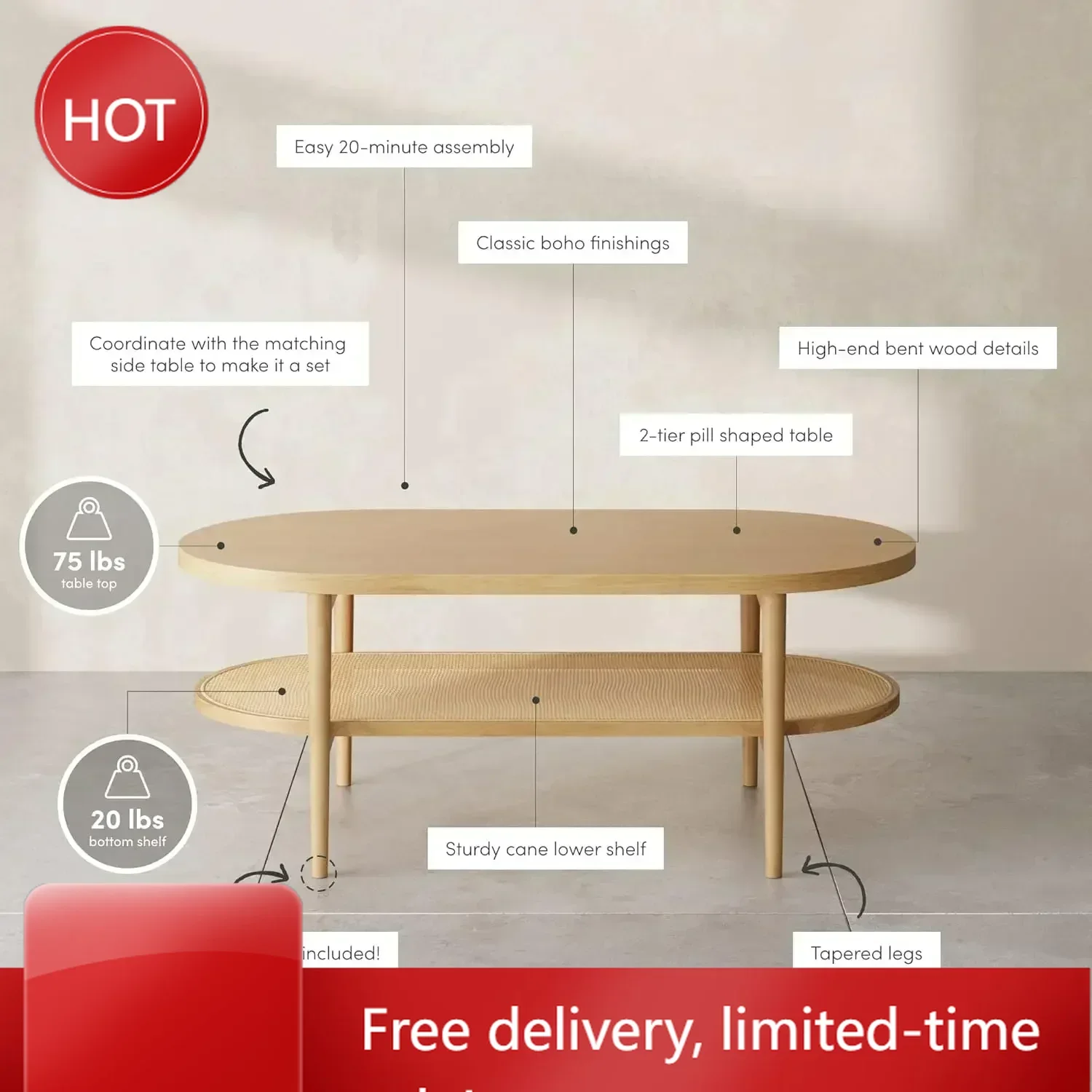 

Ограниченное предложение[XMSJ]Журнальный столик Sonia с полкой для хранения, светлое дерево/ротанг